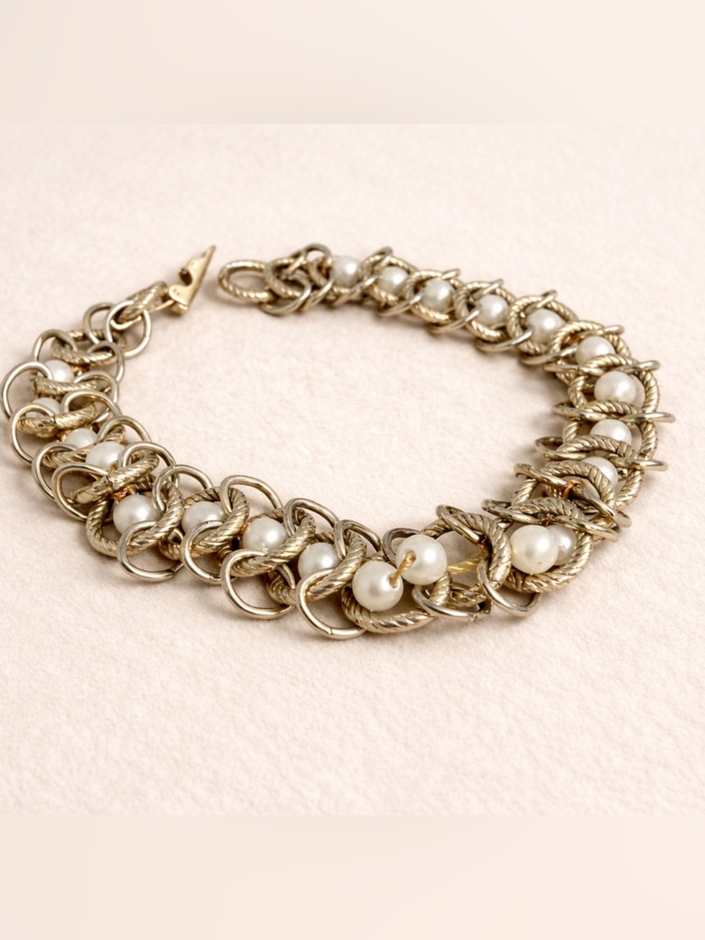 Chunky Gold Chain Faux Pearl Bracelet Statement Layered Link Vintage Style
